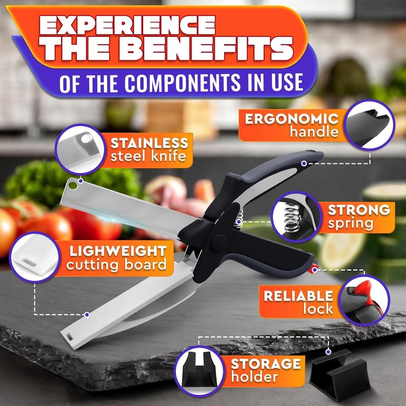 Multi-Cutting Kitchen Scissors, 2-in-1 Stainless Steel Blade Tool with Plastic Board & Safety Lock, 9.6" Detachable Shears for Meat, Cheese, Fruit, Vegetable Prep
