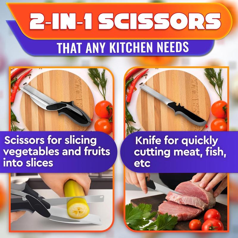 Multi-Cutting Kitchen Scissors, 2-in-1 Stainless Steel Blade Tool with Plastic Board & Safety Lock, 9.6" Detachable Shears for Meat, Cheese, Fruit, Vegetable Prep