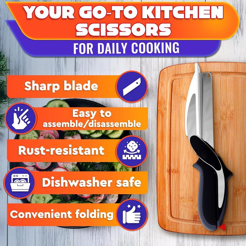 Multi-Cutting Kitchen Scissors, 2-in-1 Stainless Steel Blade Tool with Plastic Board & Safety Lock, 9.6" Detachable Shears for Meat, Cheese, Fruit, Vegetable Prep