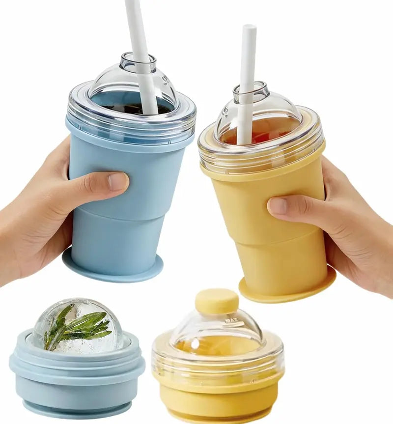 2-in-1 Reusable Portable Foldable Silicone Ice Ball Mold & Collapsible Water Cup