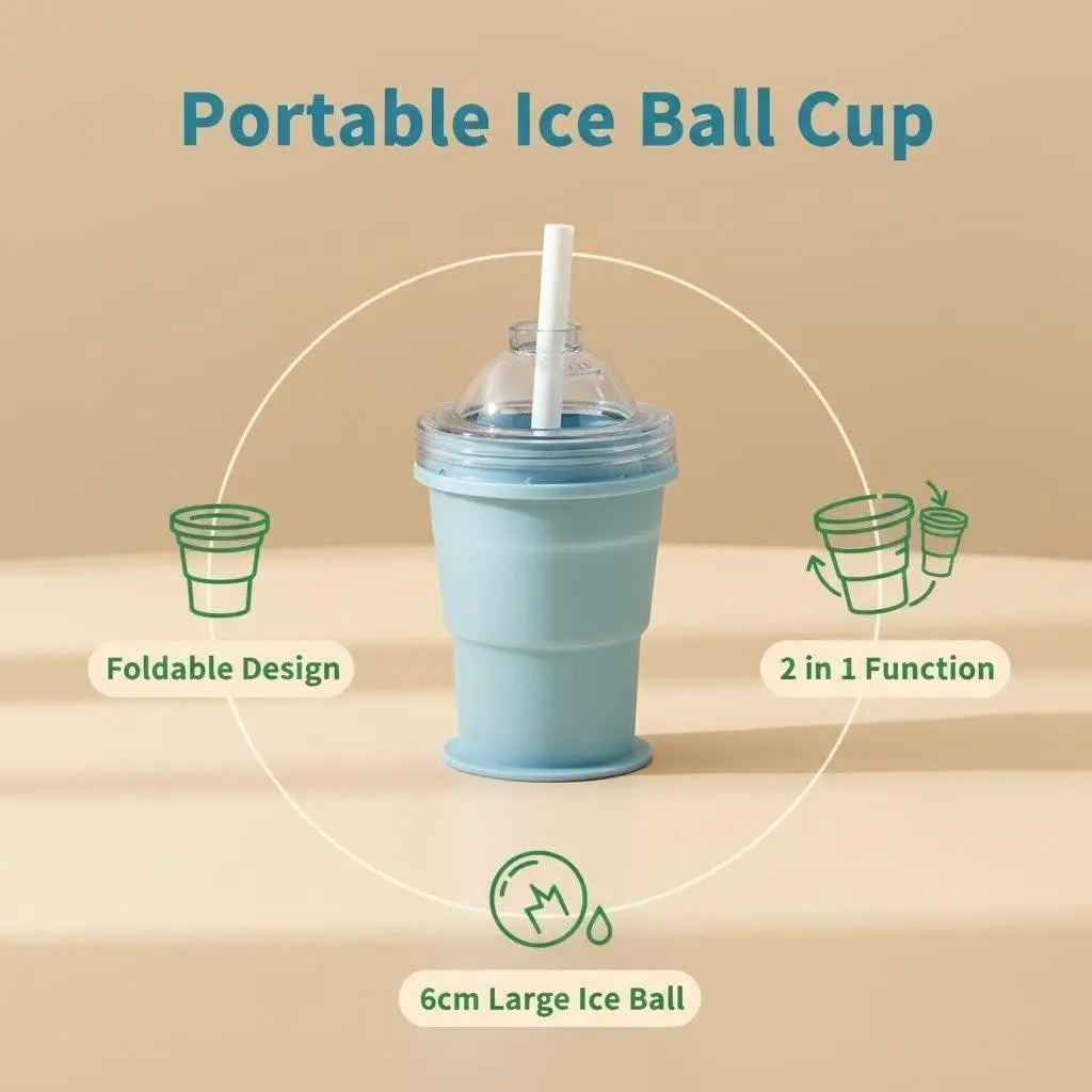 2-in-1 Reusable Portable Foldable Silicone Ice Ball Mold & Collapsible Water Cup